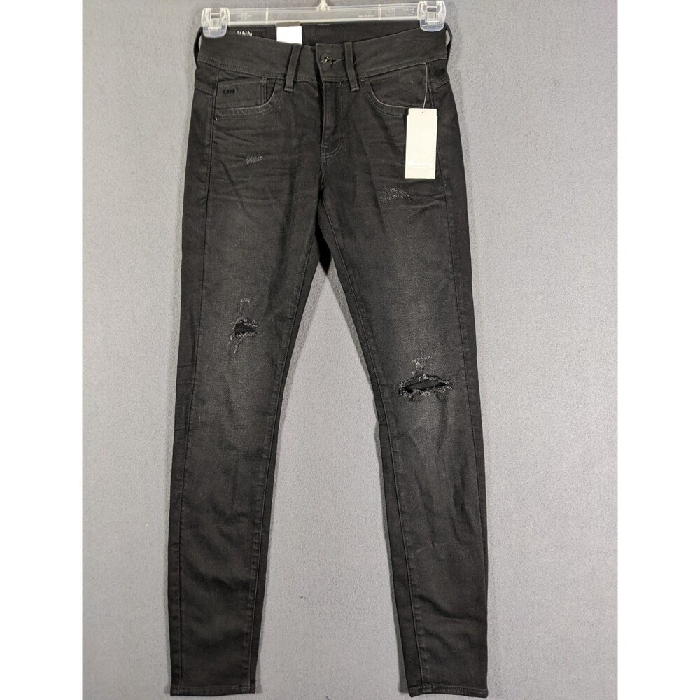 G-Star Raw Lynn Mid Skinny Jeans Women W26 L32 Black Distressed Superstretch NWT